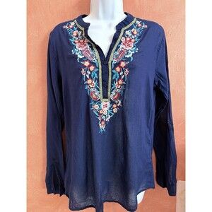 Mayazine Women”s Top Blouse Long Sleeve Navy Blue Embroidered Size M